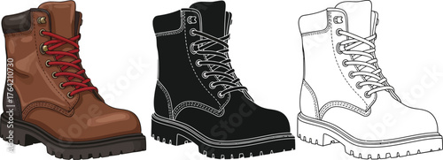 Three work boot illustrations in color, silhouette, and outline style