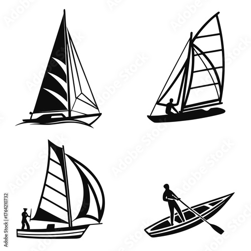 Vector art of sailboat and kayak, vector set of sailing and rowing boats