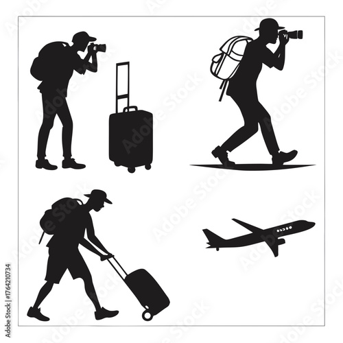 Vector art of silhouette of traveler with luggage, camera, and airplane
