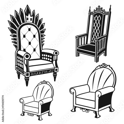 Vector art of four luxurious armchairs in black and white