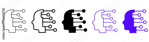 Set of minimalist artificial intelligence icons with transparent background, depicting human brain integration with digital circuits, machine learning, and data processing, vector illustration