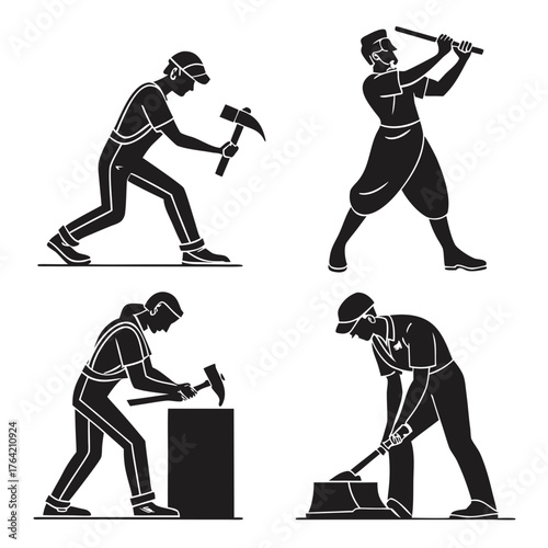 Vector art of four men working with hammer