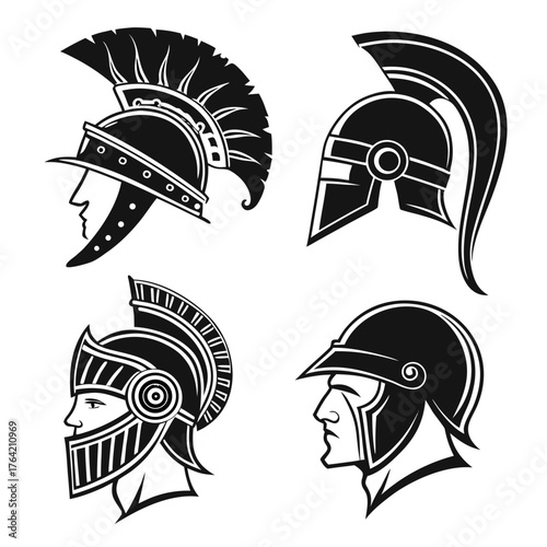 Vector art of collection of ancient warrior helmets spartan helmet set