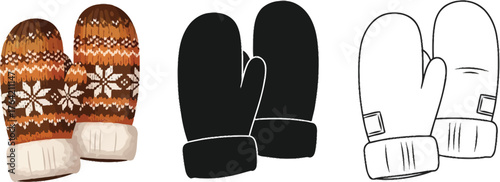 Set of mittens with winter ornament in color, silhouette, and outline style