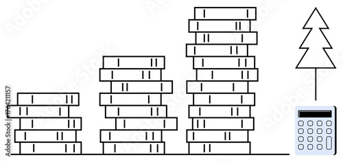 Stacks of coins increasing in height, calculator, and upward arrow symbolizing financial growth, budgeting, or investments. Ideal for finance, savings, wealth, business growth accounting planning