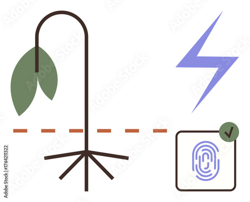 Drooping plant with roots, lightning bolt, dashed line, and fingerprint with checkmark. Ideal for sustainability, electricity, verification, responsibility, innovation biometrics environmental