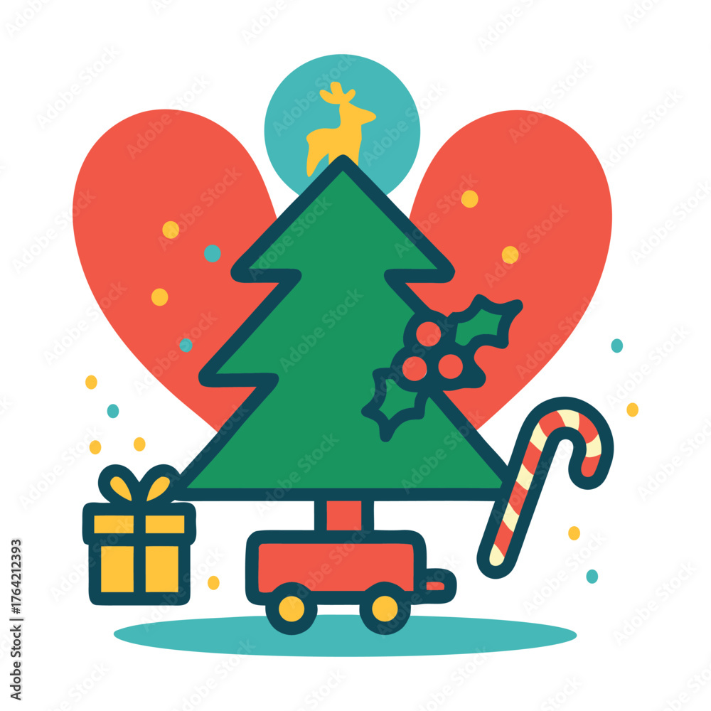 Fototapeta premium Whimsical Christmas Tree with Toy Wagon, Candy Cane, and Festive Gift Box, t-shirt design,, retro, minimalist, streetwear.