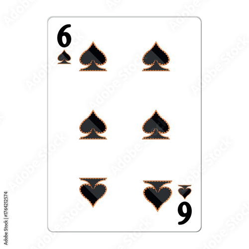 Six of spades. Playing card with golden elements. Casino icons. Pictograms representing different suits. Vector illustration. Flat design for modern visual elements.