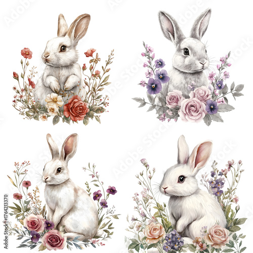 White Lop-Eared Bunny with Roses and Pansies, spring elegant and delicate hand-drawn isolated on a transparent background