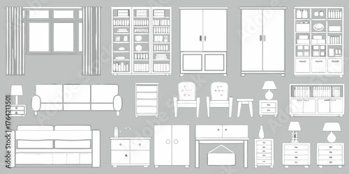 Collection of hand drawn line art furniture and home decor elements against a gray background