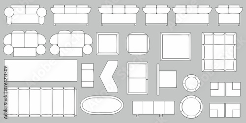 Collection of various furniture outlines including sofas tables and cabinets in a top down view