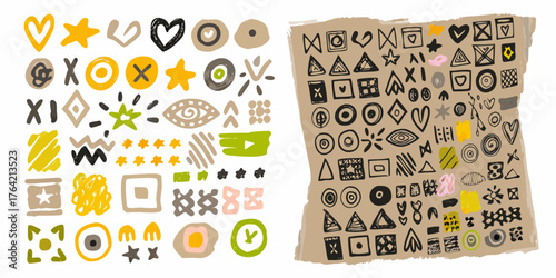 Collection of hand drawn doodles and symbols in earthy tones and bright accents