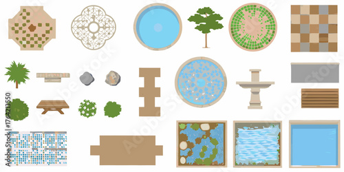 Collection of top down garden elements and landscape design components for outdoor spaces