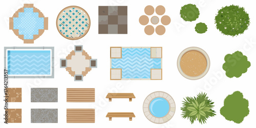 Top down view collection of outdoor living elements including pools seating and greenery