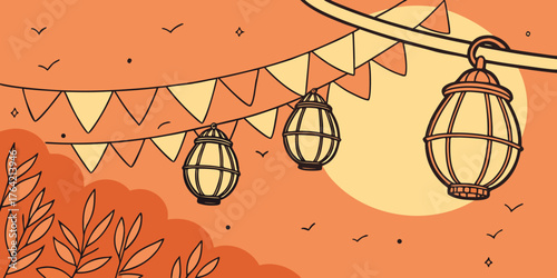 Golden fairy lights shining brightly in the evening over a orange celebratory backdrop.