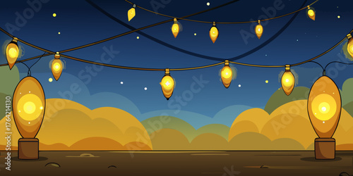 Golden fairy lights shining brightly in the evening over a dark celebratory backdrop.