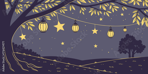 Golden fairy lights shining brightly in the evening over a dark celebratory backdrop.