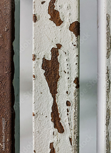 close-up shot rust on the old steel with white color paint on surface. no people. surface material background.