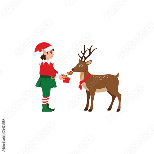 Cute christmas elf feeding a reindeer a treat on a vector Christmas