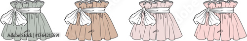 Collection of fashion technical flat sketches featuring a romantic babydoll mini dress with a smocked bodice, ruffles, and a large bow, presented in four pastel colorways