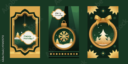 Elegant christmas and holiday greeting cards featuring festive ornaments and winter scenes in gold and green