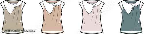 Fashionable sleeveless tops with elegant collars in four distinct color options