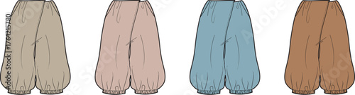 A collection of women's loose-fitting wrap pants with gathered ankles, shown in a set of four different color options as a fashion flat sketch