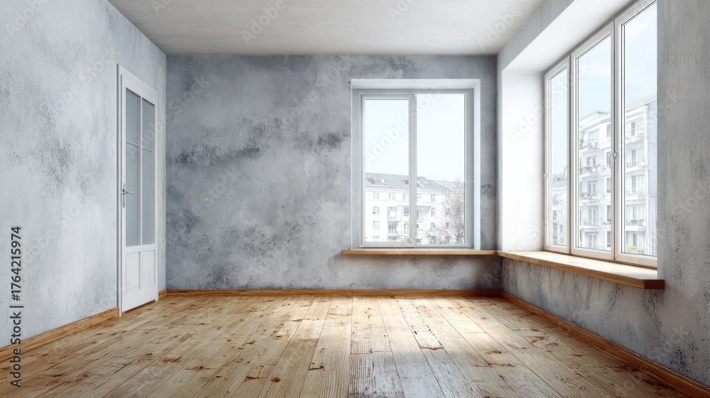 Fototapeta premium Unfurnished room with textured walls, wooden floor, and large windows.