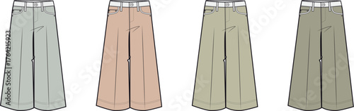 A collection of elegant wide-leg trousers in various earthy and pastel tones, showcasing a blend of style, comfort, and versatility for modern fashion designs and apparel illustrations