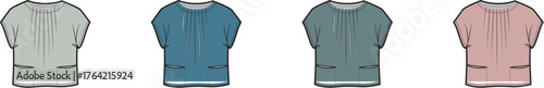 Flat lay illustrations of a comfortable short-sleeved top. Design variations in muted green, blue, and soft pink, ideal for modern apparel concepts