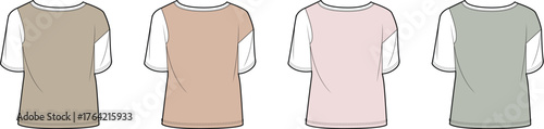 Asymmetrical short-sleeved women's t-shirt technical fashion flat illustration in four color variations, back view, ideal for apparel design and specification sheets