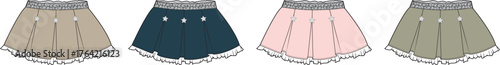 Four pleated skirts with lace trim in varied colors for versatile wardrobe options