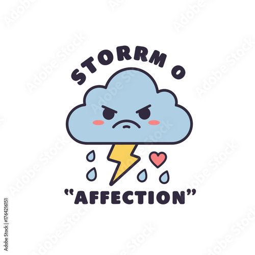 Cute angry cloud character raining hearts of affection with a lightning bolt. A kawaii storm of love and emotion illustration