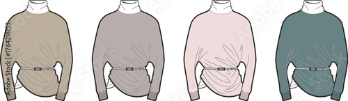 Collection of four draped long-sleeved sweaters with belted waists, shown in different earthy and pastel color palettes