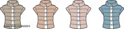 Collection of four sleeveless puffer jackets in varying neutral and pastel colors, showcasing front buttons and a standing collar design