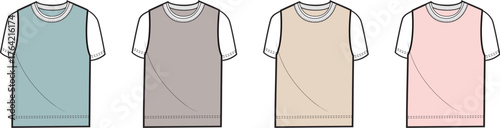 Vector fashion flats showcasing women's casual sleeveless layered tops in soft colors over short-sleeve t-shirts, ideal for apparel design and clothing development