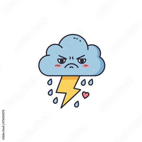 Whimsical cartoon storm cloud illustration featuring a grumpy expression, showering rain and striking lightning, embodying a moody weather forecast with a touch of adorable intensity