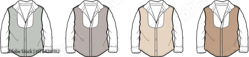 Vector fashion flat sketches depicting a versatile sleeveless vest in various earthy color options, suitable for apparel design and clothing concept development