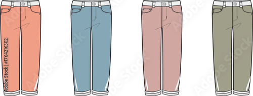 Diverse collection of casual trousers with cuffed hemlines in a vibrant color palette, presented as flat technical drawings for fashion design, apparel concepts, and clothing industry illustrations