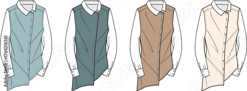 Women's asymmetrical long-sleeve shirt with a quilted vest detail, presented in a collection of four colorways as a fashion flat illustration
