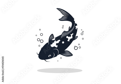 Black koi fish illustration with white spots bubbles and a subtle shadow below