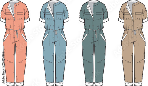 Fashion flat vector illustration of women's casual utility jumpsuit with rolled sleeves and drawstring waist in four distinct color variations, ideal for apparel design and style guides
