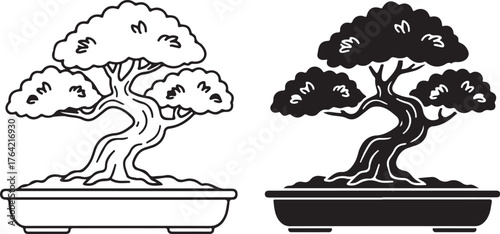 Two stylized bonsai trees one in outline and one in silhouette