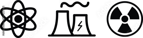 Nuclear Energy Icons: Atom, Power Plant, and Radiation Symbol Vector Set