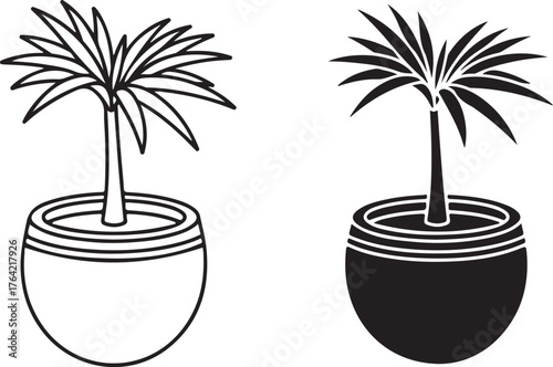 Two stylized potted palm trees one outline and one silhouette