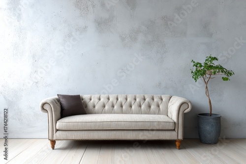 Wallpaper Mural Elegant sofa with a plant stands against a textured concrete wall. Torontodigital.ca