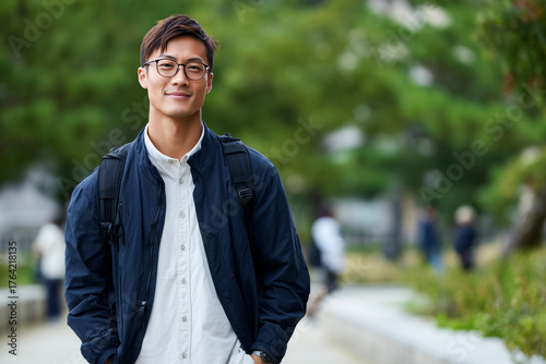 A young man wearing a blue jacket and glasses stands in a park