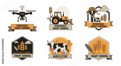 Illustration of smart farming concepts with drone, tractor, cow, and wheat elements, representing modern agricultural technology and renewable practices.
