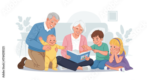 elderly couple spending time with grandkids, joyful family scene, modern vector design