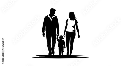 parents walking with child holding hands, family stroll concept